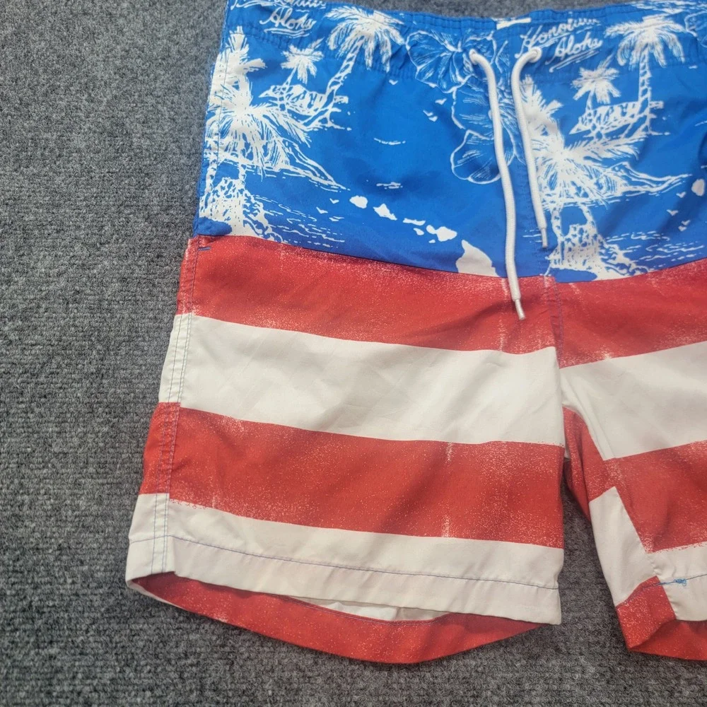 Arizona Jean Co Mens Medium Swim Trunks American Flag Honolulu Aloha Blue Red